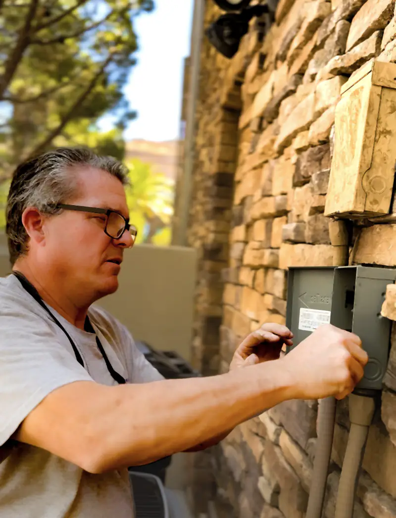 Manring technician inspecting an outdoor electrical panel on a stone wall