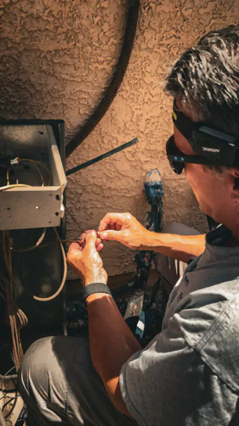 Close-up of a technician repairing HVAC wiring against a stucco wall